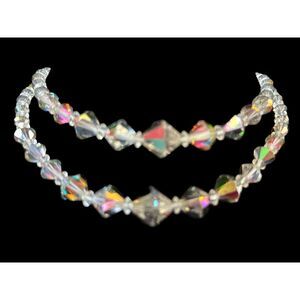Vintage Aurora Borealis Crystal‎ Necklace Double Strand Y-Drop Statement Jewelry